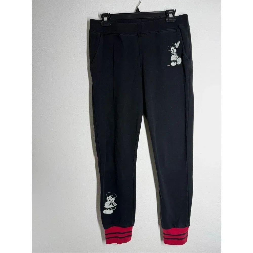 Disney Sz M Women’s Black Mickey Sweatpants Red Cuffs Elastic Waist